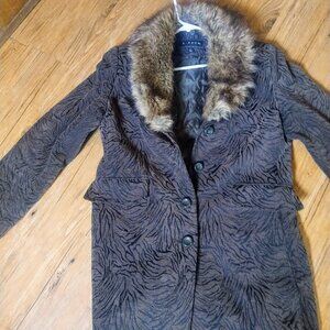 Gorgeous Giacca Penny Lane Olive Jacquard Faux Fur Trim Coat L